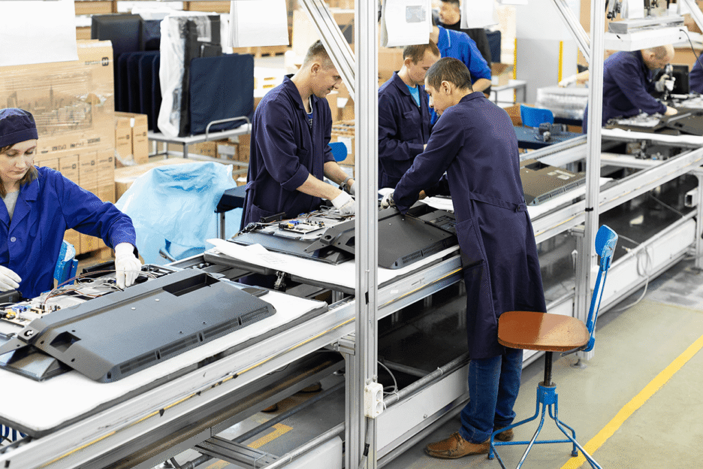 Pracownicy w niebieskich fartuchach montują elementy elektroniczne przy liniach produkcyjnych w fabryce.